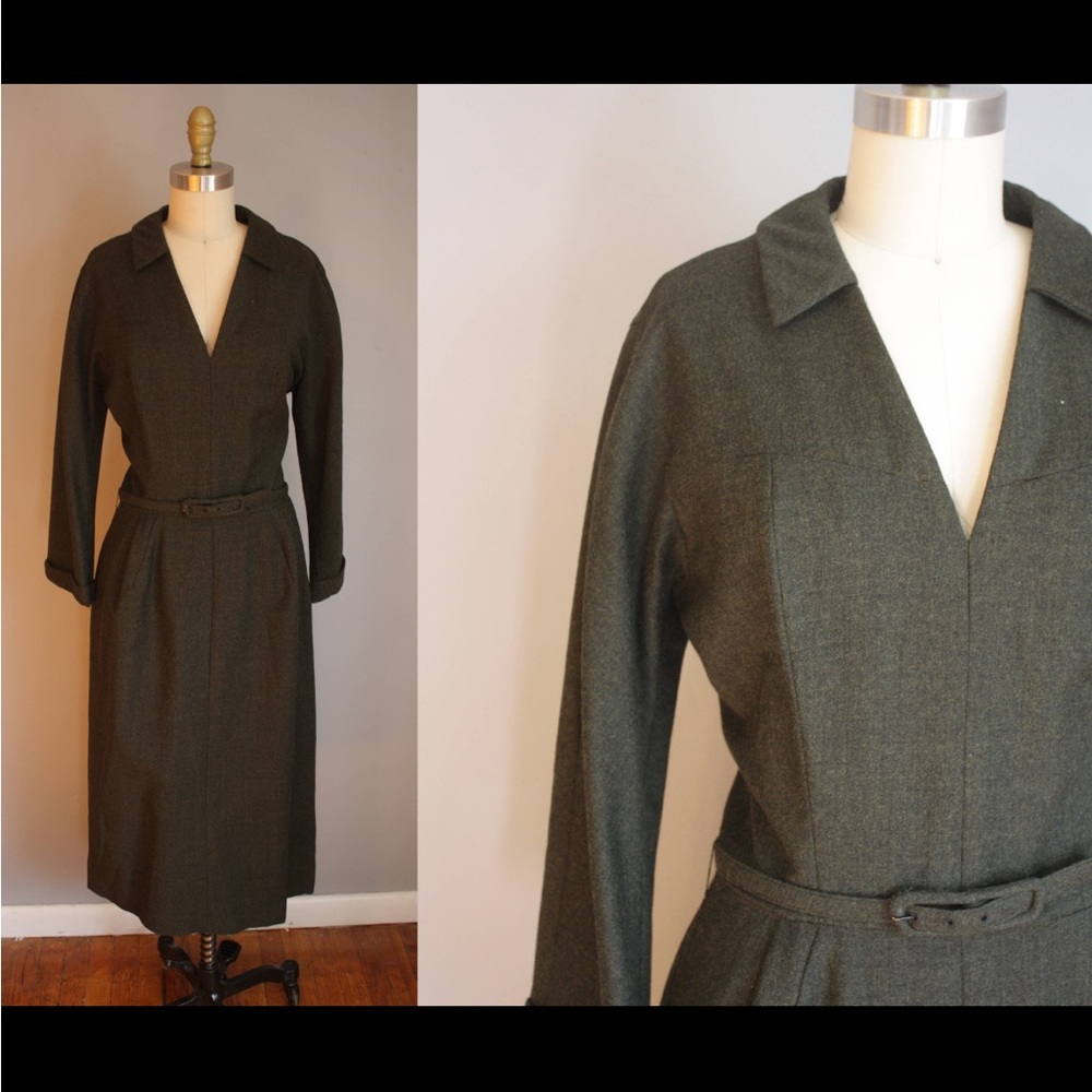 Classic Olive Green Long Sleeve Midi Dress with Belt